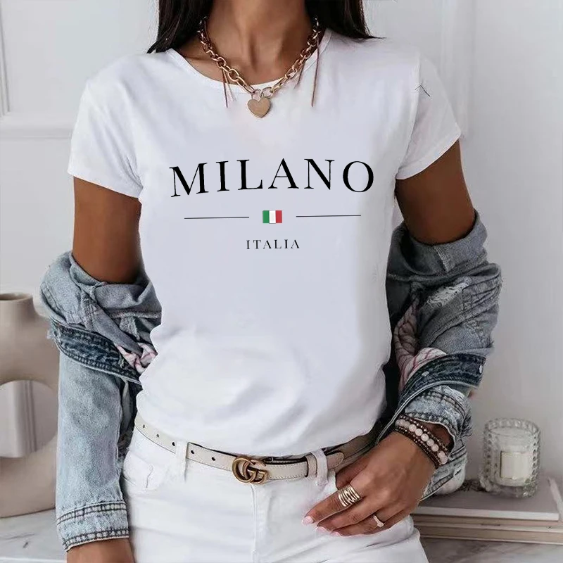 2024 3-14 Year Girls Tees Summer Milano Letters Print Y2k T-shirt Ladies Short Sleeved Luxury Tees Clothing Loose Mens Womens