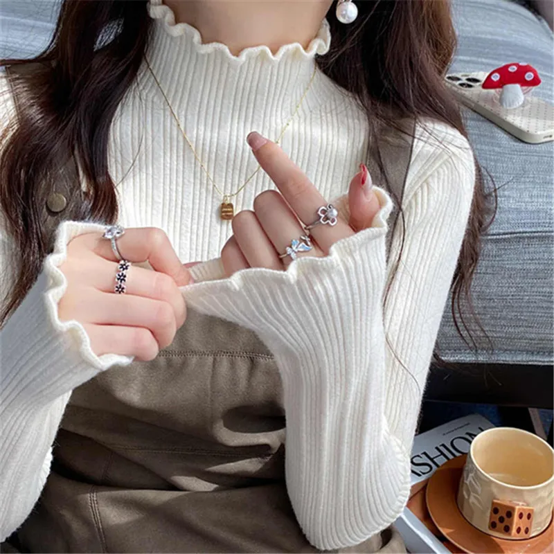 2025 Tops suaves de manga larga para mujer, jerséis de punto con cuello alto para otoño e invierno, suéter fruncido versátil informal, Top de capa Base delgada