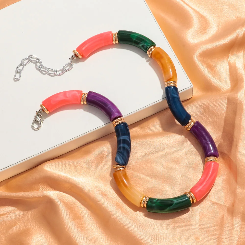 Neue klobige Bambus gebogene Röhre Acryl Halsband Halskette Männer Frauen bunte große Ellenbogen Stapel Halskette trendige Schmuck Collier Geschenk – Detail 6