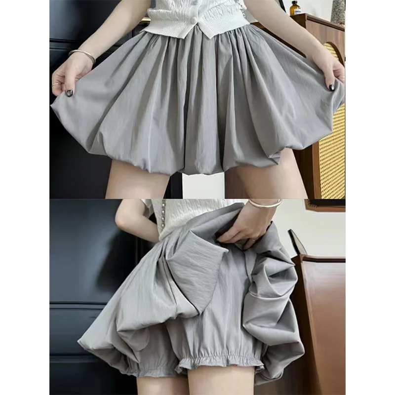 

Gray Bubble Skirt Shorts for Women 2025 Summer New Loose Fit High Waist A Line Pleated Skirt Slimming Style for Petite Ladies