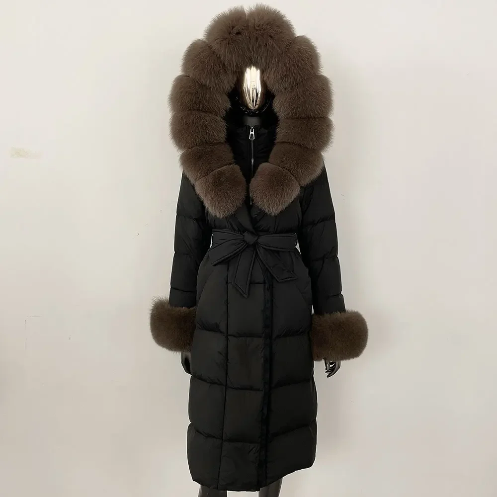 Pop Real Fur Jacket Women Fashion Winter Natural Big Fox Fur Collar Loose Thick Warm Goose Down Coat Outerwear Streetwear Luxury