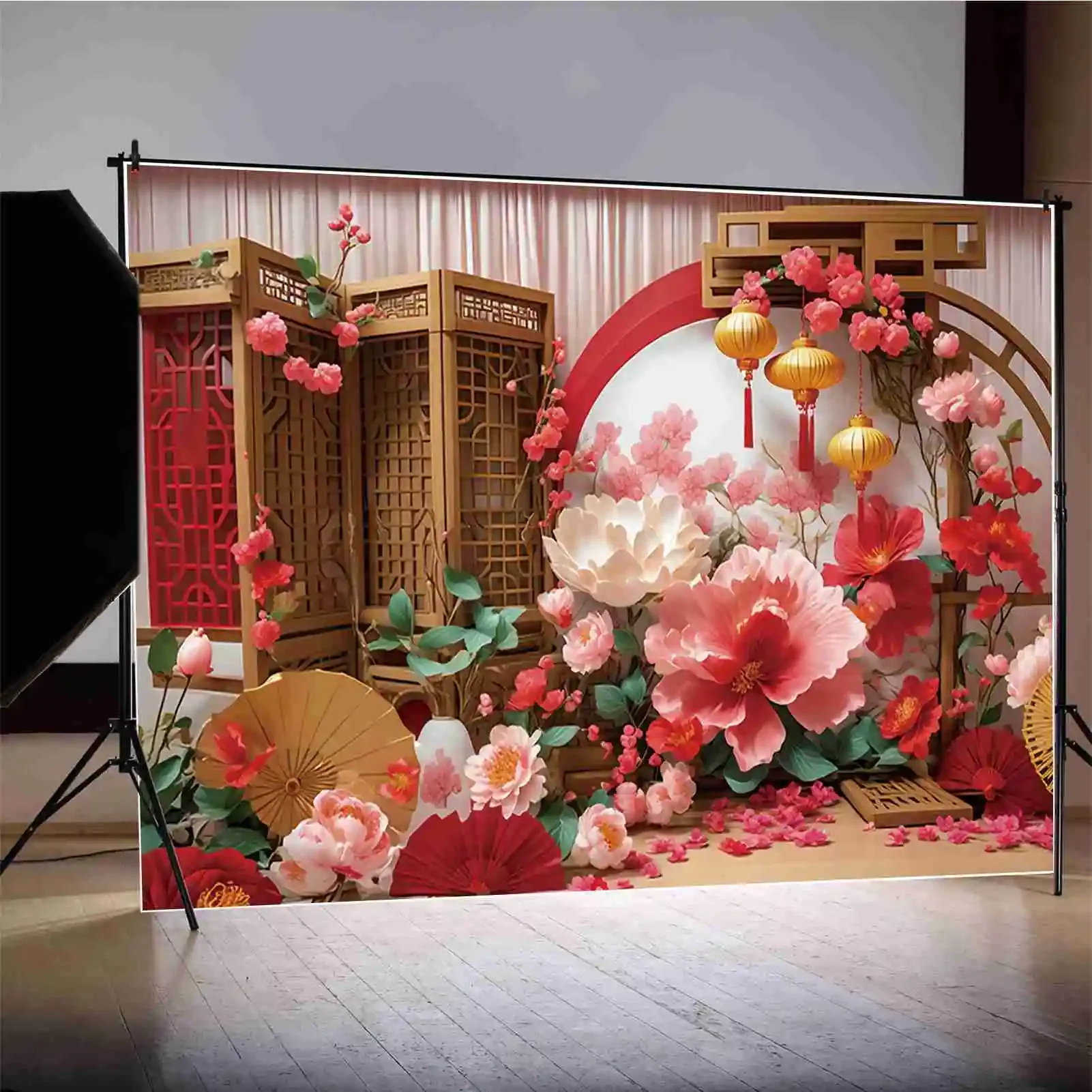 MOON.QG Classical Chinese New Year Background Photography Candle Fan Golden Lantern Photozone Backdrop Baby Studio Accessories