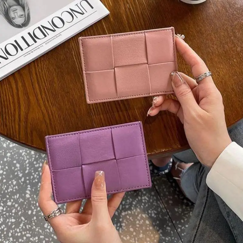 Fashionable Sheepskin Woven Small Wallet Women Brand Design Bifold Zip Closure Real Leather Coin Purses Card holders Money Bag