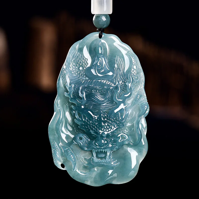 Natural A-Grade Jade Blue Water Enlightenment Buddha Statue Domineering Dragon Brand Zodiac Dragon Pendant For Men's Gifts