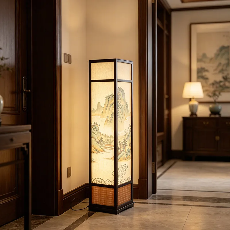 Solid wood floor lamp living room bedroom landscape painting fabric decorative lamp