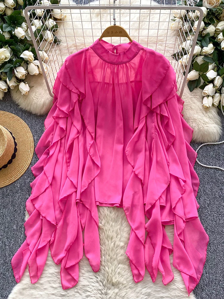 Spring Autumn European American Fashion Versatile Ruffle Chiffon Blouse Women's New Fashion Thin Party Top C468