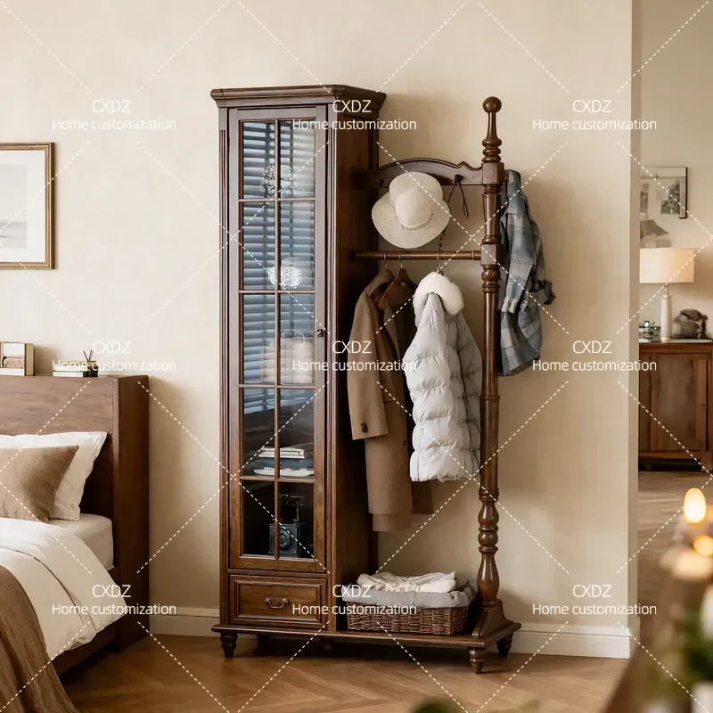 All Solid Wood Coat Rack Floor to Ceiling Multi Functional Hanger Storage Cabinet for Bedroom Clothes Hanging Organizer