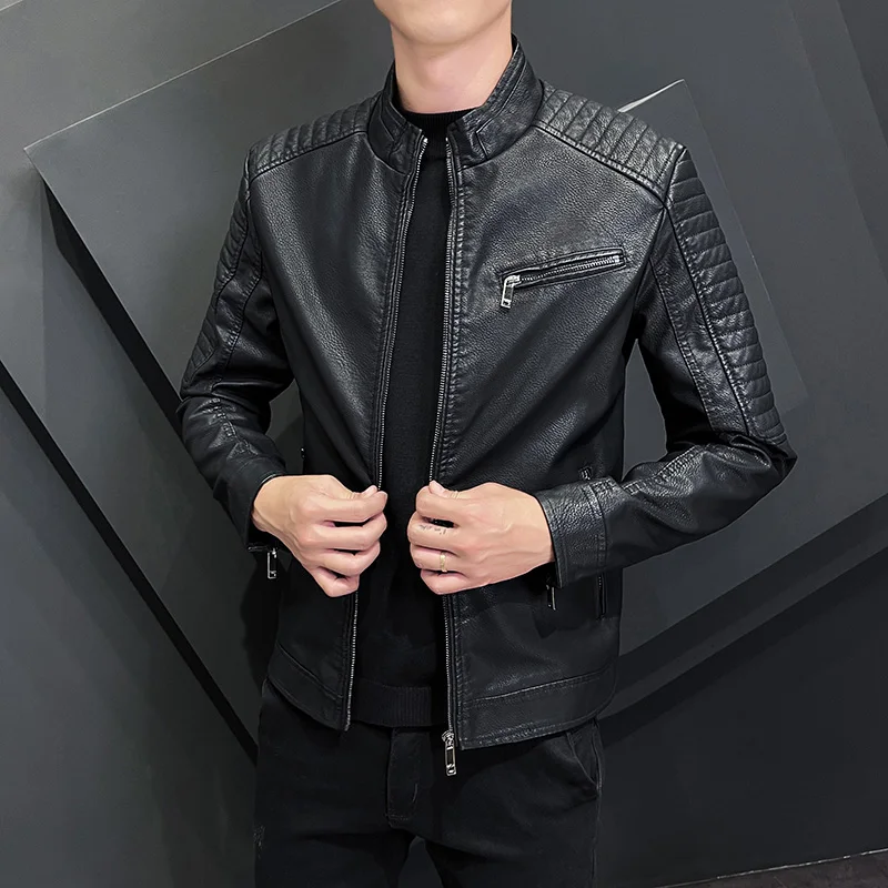 Spring and Autumn New Korean Edition Standing Neck Slim Fit Leather Jacket Thin Fleece Versatile Casual Motorcycle Wear