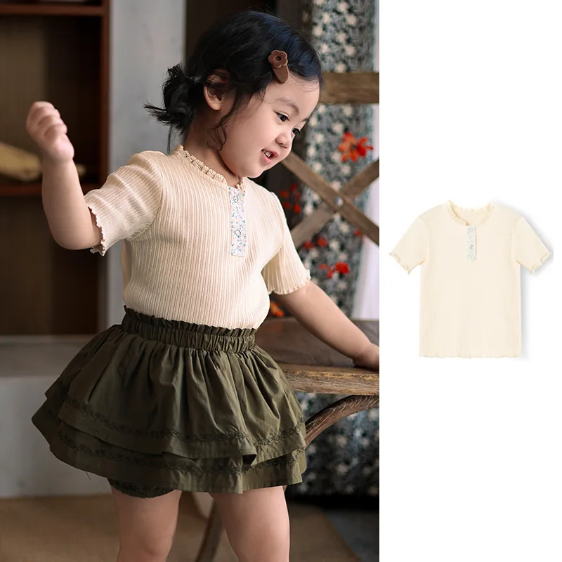 

RomperDew Girls T-shirt Summer Lace Bottoming Shirt Female Baby Skin-friendly Top Pit Stripe Short-sleeved