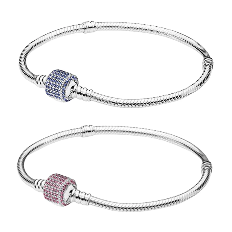 Imagem -06 - Sterling Silver Wrist Charm Bracelets para Mulheres Corrente de Cobra Logo Ball Fecho do Barril do Coração Cristais Pedras de Zircão Jóias Finas 925