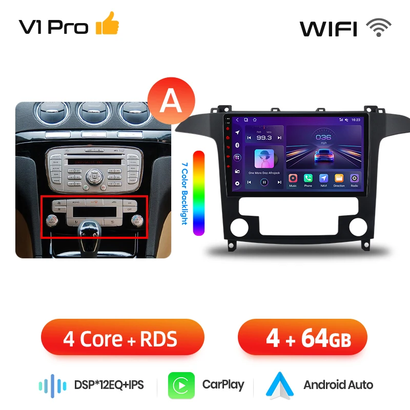 Junsun draadloze CarPlay Android Auto autoradio voor Ford S-MAX Mk1 (WA6) 2006-2015 met ingebouwde koelventilator, Android GPS navigatie, multimediaspeler, WiFi, DSP, RDS, BT, SWC, IPS touchscreen,