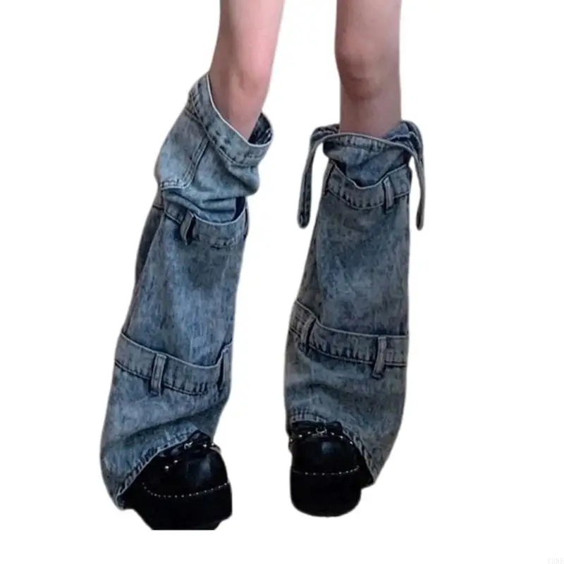 Y3ne asymmetrische Jeans Beinhülsen mit Bandagen Krawattengurte für Frauen Harajuku Punk gewaschene Jeans Bein wärmere Socken