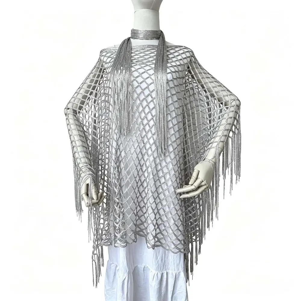 2pcs Casual Shiny Shawl and Scarf Set Hollowed Out Sun Protection Summer Sun Shawl Knitted Poncho Top Cloak Seaside Vacation