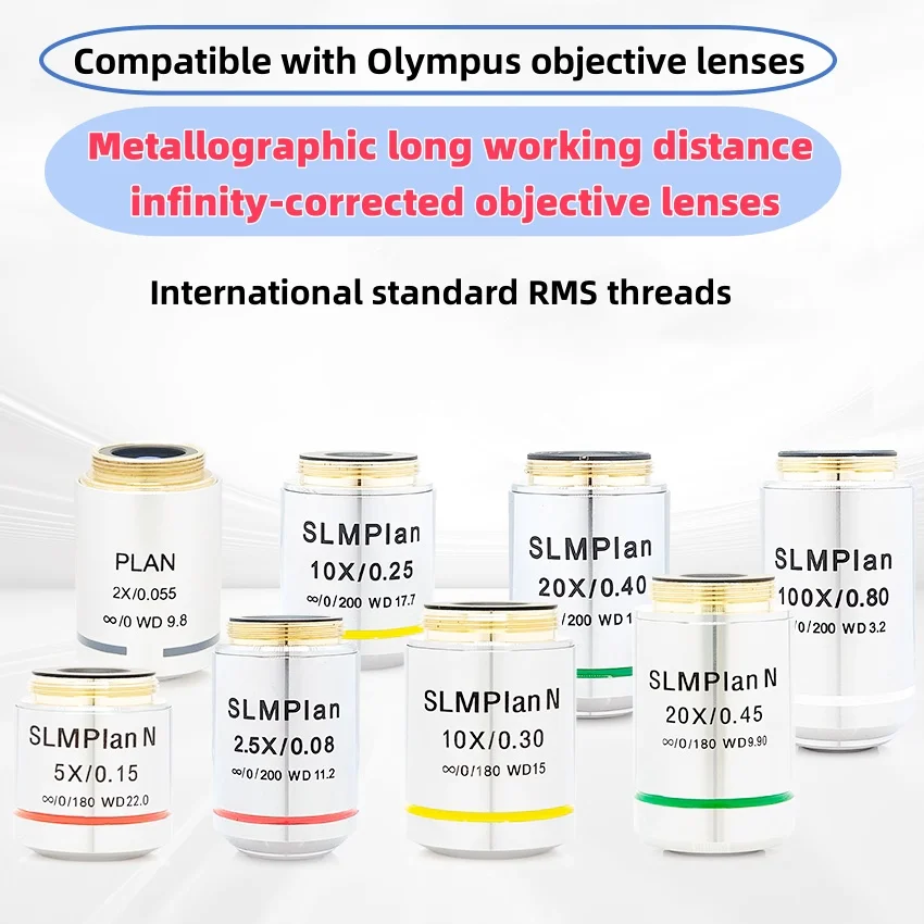 Long Focal Length Infinity Objective Lens Multi-Coated for Metallographic Microscope RMS Thread 2X 2.5X 5X 10X 20X 50X 100X