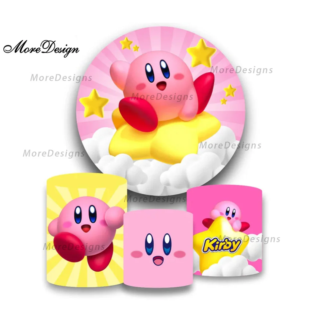Cartoon Star Kirby Round Backdrop Covers Kids Birthday Party Cylinder Cover Baby Shower Vinyl Polyester Photography Background