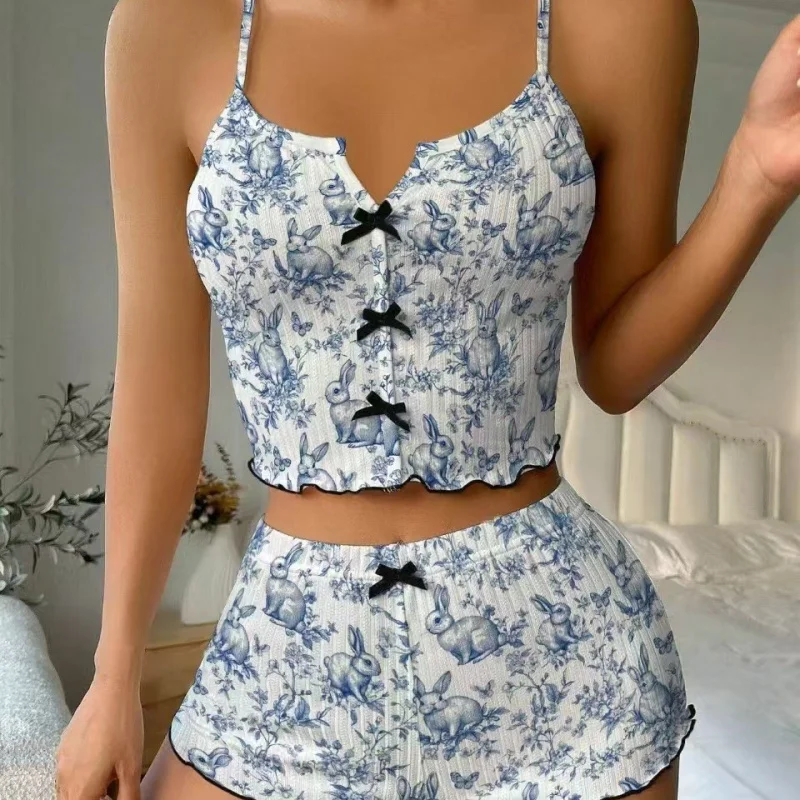 Women's Cute Rabbit Print Pajama Set Bow Front Spaghetti Strap Crop Top Ruffled Shorts Sleepwear Loungewear Summer 2026