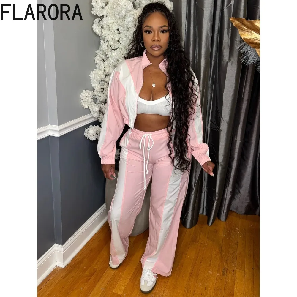 

FLARORA Fashion Stripe Patchwork 2 Pcs Sets Woman Lapel Long Sleeve Zip Crop Jacket And Drawstring Wide Leg Pant Fall Tracksuits
