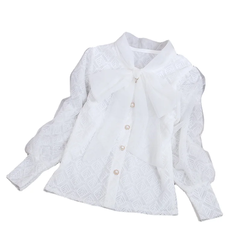 Fashion Baby Girl Blouse Lace Teenager Girl Clothes Shirt Bow Elegant Formal Children Clothing White Pink Kids Outfits Plus Size