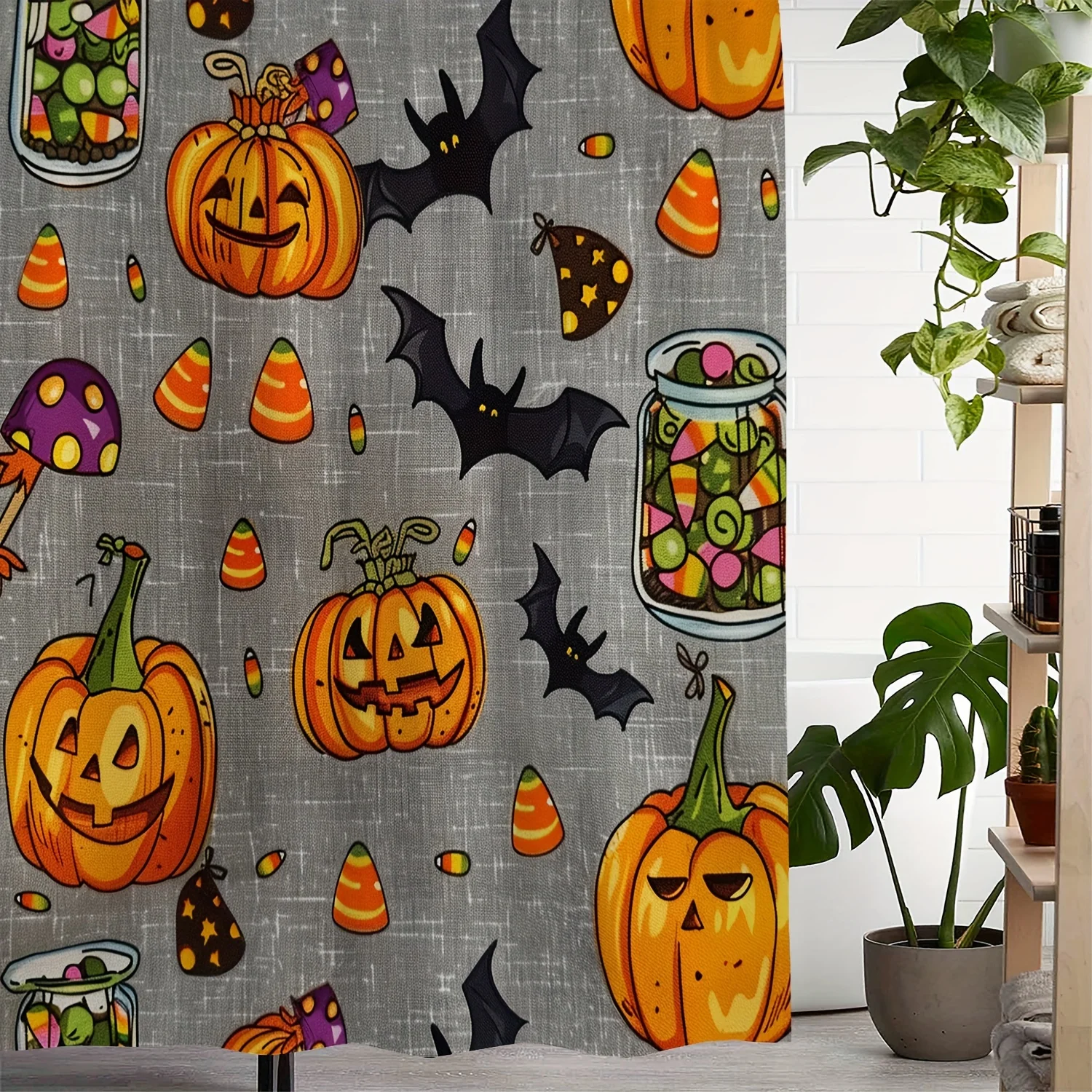 Halloween Shower Curtain with Candy, Bats & Pumpkins Print – Waterproof Polyester Fabric