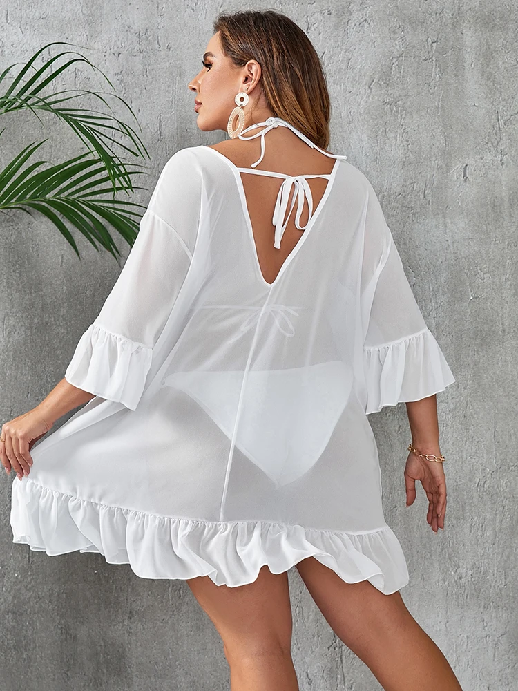 Plus Size Women Summer V-Neck Lotus Leaf Print Swing Beachwear Sunscreen Smock Loose Cover Up Solid Color Bikini Vacation Style view 2