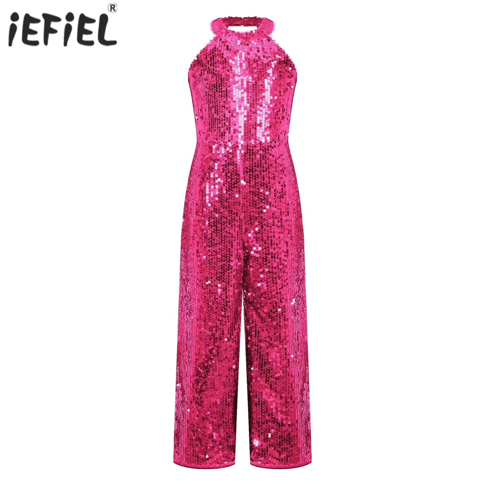 Kids Girls Sequins Dance Jumpsuit Pageant Romper Full Body Bodysuit Halter Neck Sleeveless Wide Leg Pants for Stage Performance