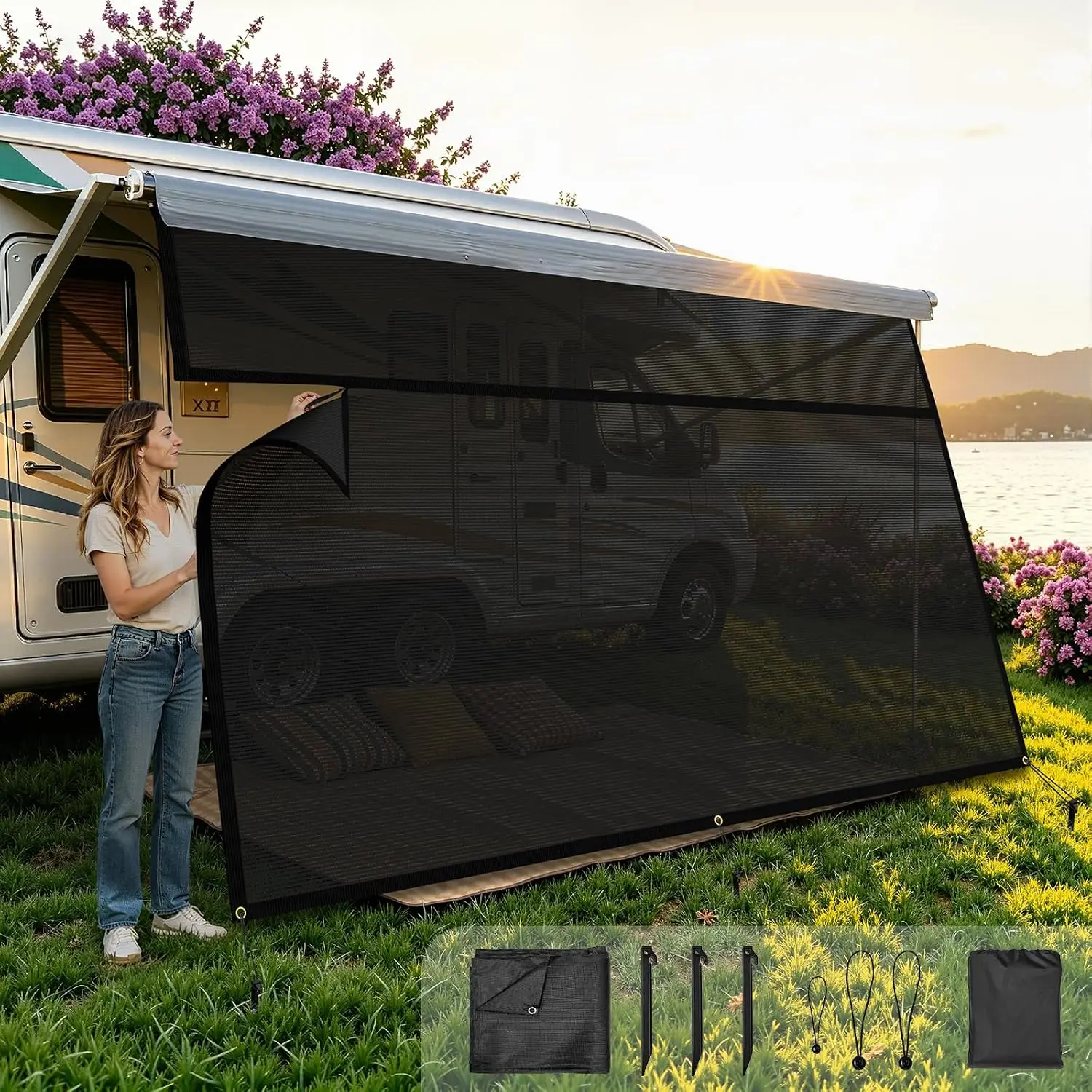 RV Awning Sun Shade Screen, 90% UV Block Mesh Camper Sunshade with Zipper, Privacy See-Out, Heavy-Duty Breathable Shade for RV, Trailer & Camping, Black