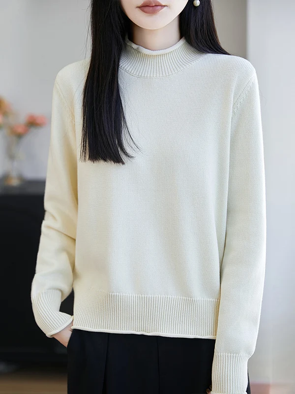Minimalist Thickened Pure Cotton Knitted Sweater Women's Autumn Winter Half High Collar Bottoming Shirt Warm Cuff Design