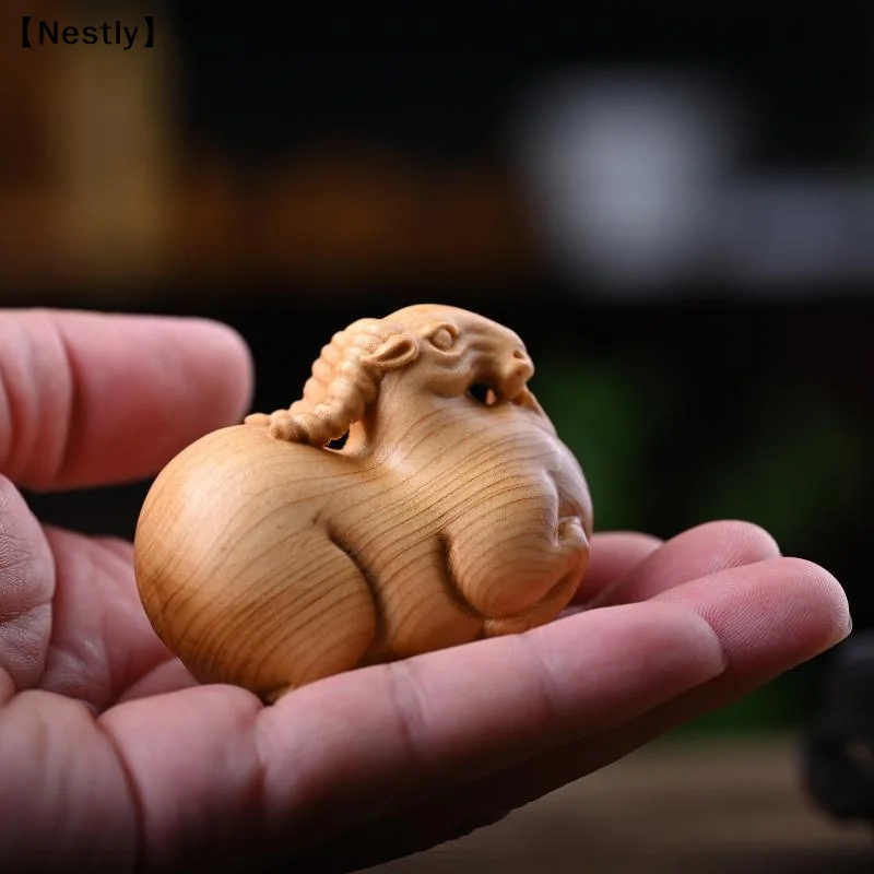 Wooden Carving Zodiac Sheep Figurine Solid Wood Carving Animal Crafts Cute Lamb Desktop Ornament For Home Decor Birthday 〔Nest〕