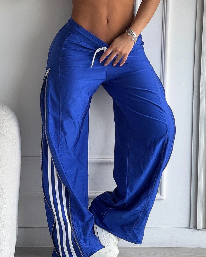 2025 Spirng Striped Side Zipper Design Drawstring Wide Leg Casual Sports Pants