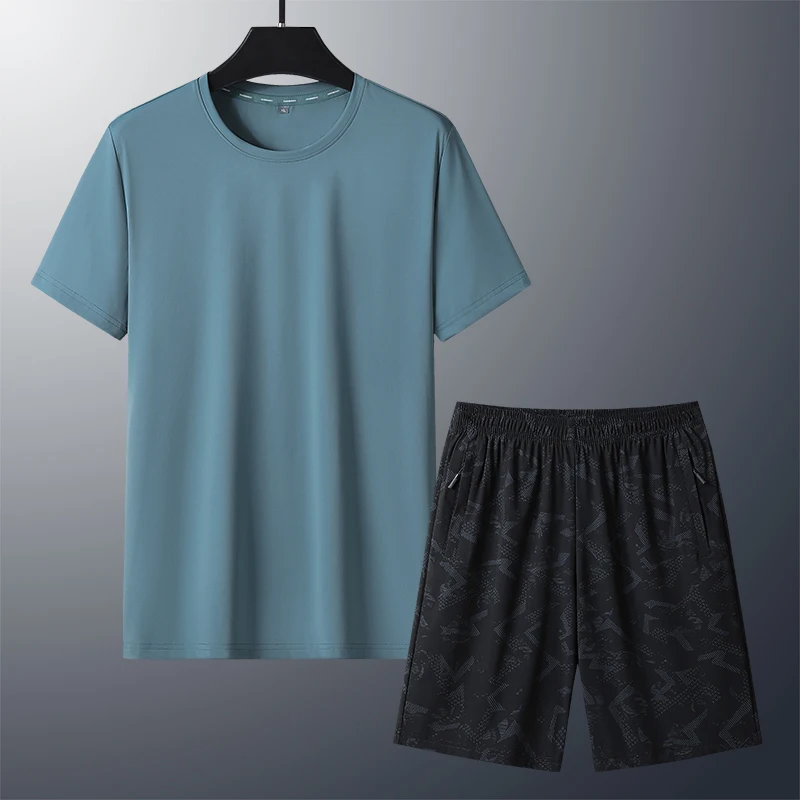 New Men'S Summer Ice Silk Short Sleeved Suit Cool Comfortable Short Sleeved Quick Drying Breathable Casual Sports 2-Piece Set