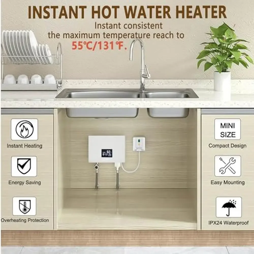 Electric Tankless Water Heater 110V Remote Control Instant Hot Water 3000W Compact Design Safe Energy-Saving