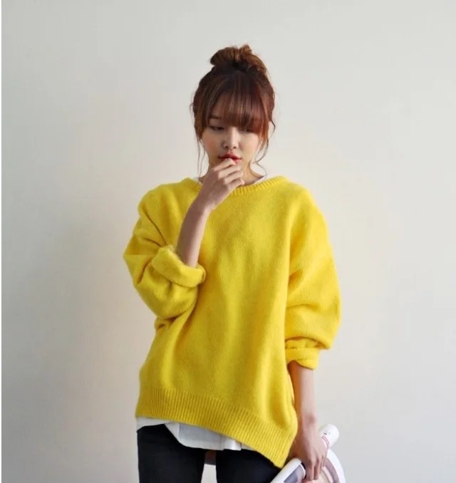 

Autumn Winter Women's Loose Large Size round Ne Pullover Sweater Knitted Candy Color Korean Sle Warm Long Sve Straight...