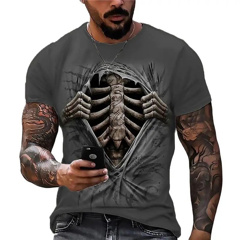 Vintage Horror Skull 3d Print Men\'s T-shirt Summer Classic Casual O Neck Short Sleeve Fashion Loose Oversized Tops Tee Shirt Men