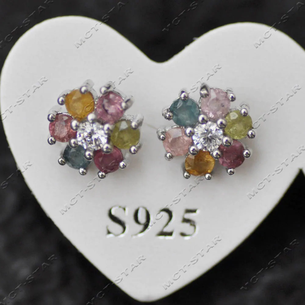 

Z14238 Оптовая продажа, 5 пар, 8 мм, натуральный многоцветный турмалин, цветок, серебро 925 пробы, серьги-гвоздики