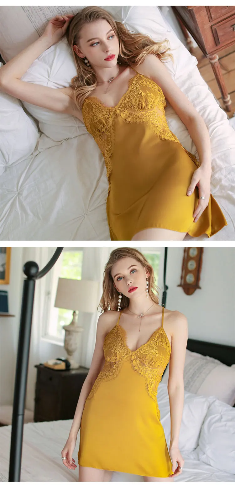 Camisón de satén con encaje para mujer, cuello en V, tirantes finos, sin espalda, lencería elegante para dormitorio