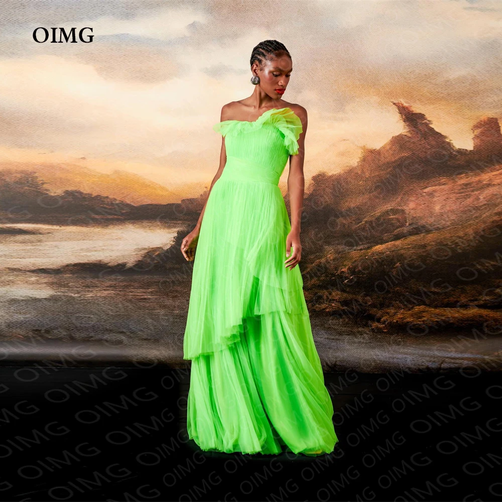 

OIMG Green Long Tulle A Line Formal Event Party Dresses Sleeveless Strapless Custom Evening Gowns Night Club Prom Dress