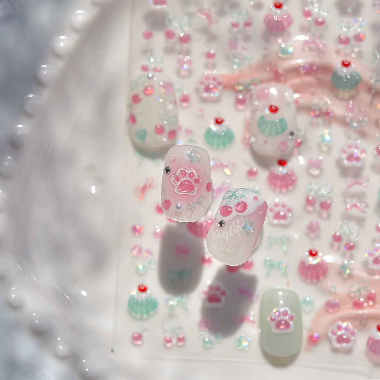 

1pcs Cute Small Cat Claw Cherry Nail Art Charms Stickers Shiny 5D Jelly Cherry Pudding Bows Design Adhesive Sliders Nail Decals