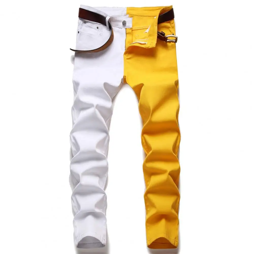 Two Colors Stitching Men's Jeans Fashion Slim Stretch Denim Pants Red Black White Blue Green Spliced Casual Trousers