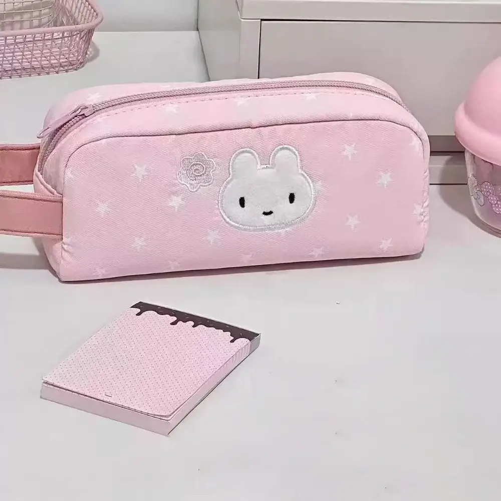 Durable Pink Pen Bag Handheld Star Rabbit Pattern Stationery Bag Zipper Design Large Capacity Pencil Case Students