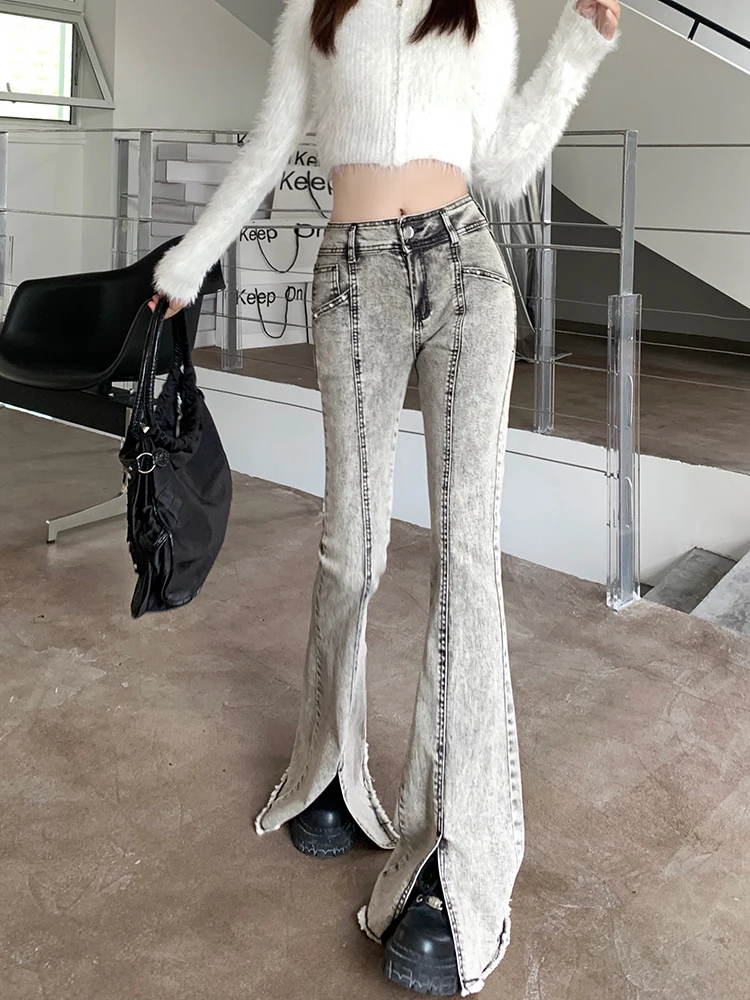 

WCFCX STUDIO American Style Y2k Slit Flared High Waist Jeans Womens Elegant Chic Retro High Street Fashion Straight Leg Pants