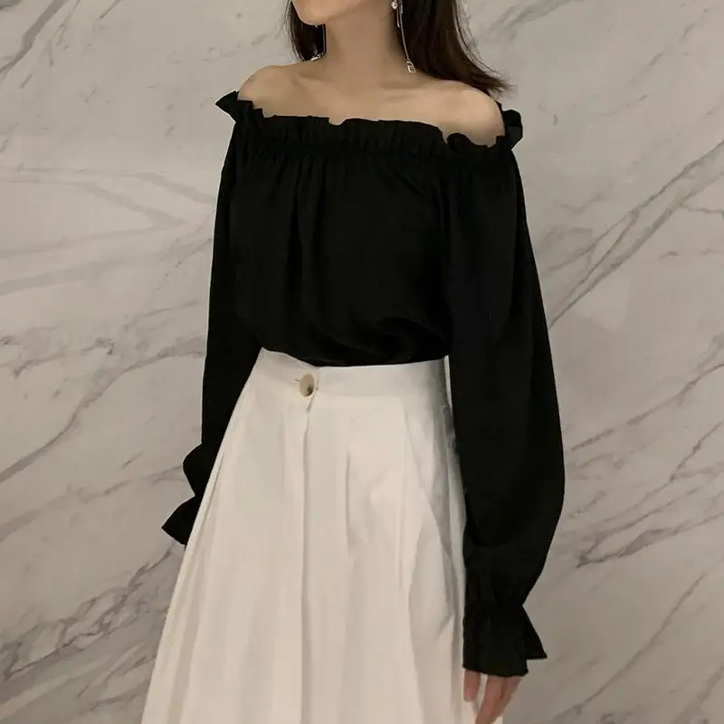 

Женский топ Bla-oulder с длинным рукавом, весенний дизайн, сексуальный, с открытыми ключицами, базовая модель, для повседневной носки, облегающий, однотонный