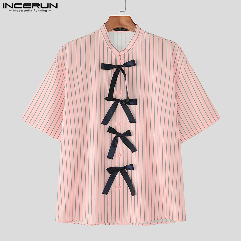 

Summer Short Sleeve Men Shirts Fashion INCERUN Stripe Shirt Bow Patchwork Streetwear Oversize O Neck Men's Clothing S-5XL