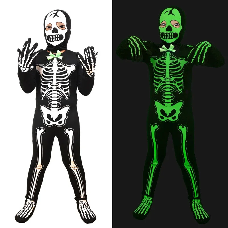 Unisex Boys Ghost Jumpsuit Halloween Costume Glow in the Dark Skeleton Costume For Children