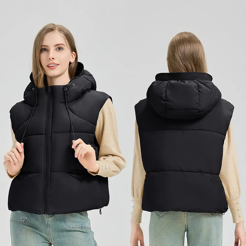 Women Hooded Parkas Vest Coats Solid Oversize Jacket Sleeveless Drawstring Hem Zipper Thick Loose Fit Casual 2025 Autumn Winter