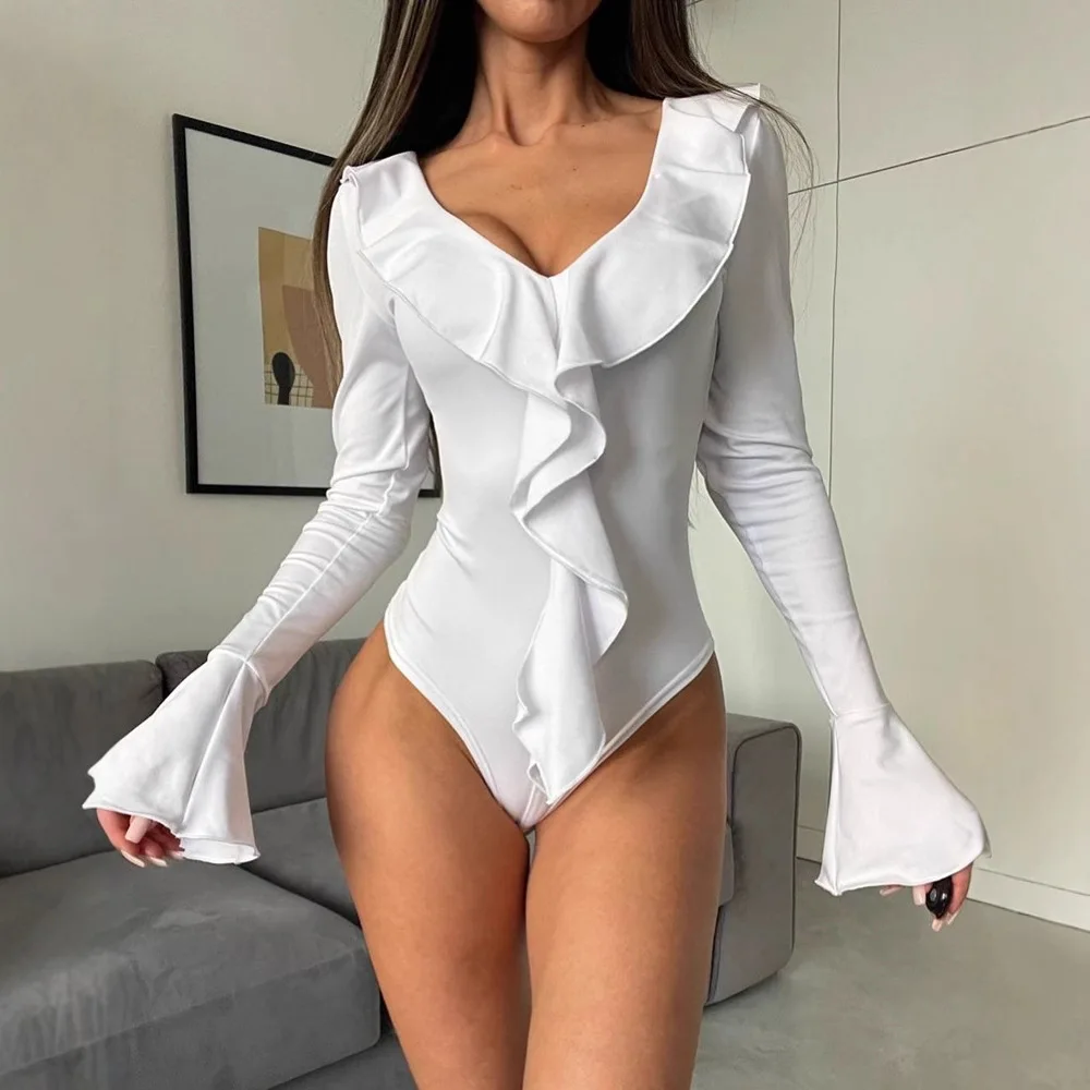 المرأة الجديدة الخامس الرقبة كشكش متوهج كم سليم صالح أعلى بذلة مثير Bodycon كم طويل قطعة واحدة داخلية #3