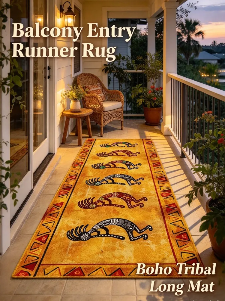 **New Arrival Kokopelli Boho Tribal Runner Rug, Yellow Vintage Long Floor Mat, Non-Slip Hallway Carpet for Entryway Living Room