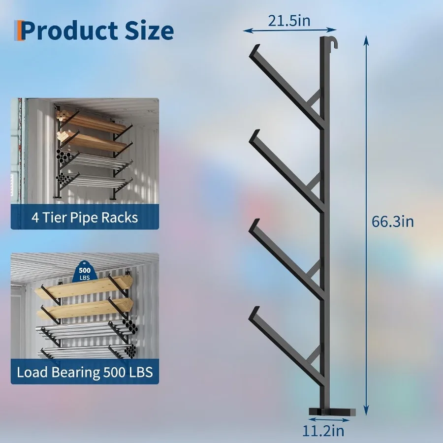 Shipping Container Shelving Rack, 400LB Capacity, 2-Pack 4-Tier No-Drill Pipe Hanging Brackets for Vertical Storage, Heavy-Duty