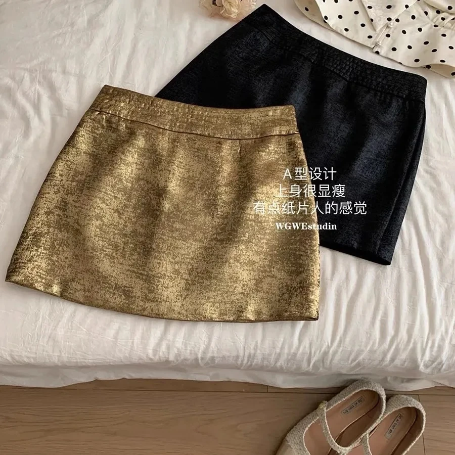 Sweet Golden shiny Mini Skirt, for Women, 2024 New ,Spring Autumn Skirts, Sexy High Waist Slimming A-line hip Short Skirt,Girls