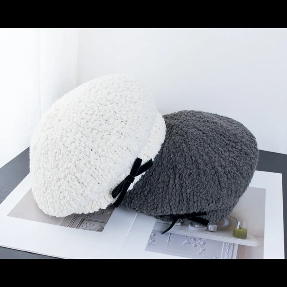 New Plush Painter Hat Cold Resistant Elegant Warm Hat Temperament Bowknot Lamb Wool Beret Women