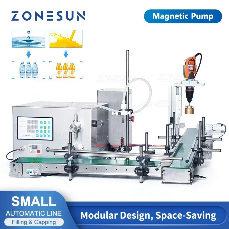 ZONESUN Small Production Line Automatic Filling Capping Machine Juice Bottle Filler Cap Screw Machine With a Conveyor ZS-MPXG1